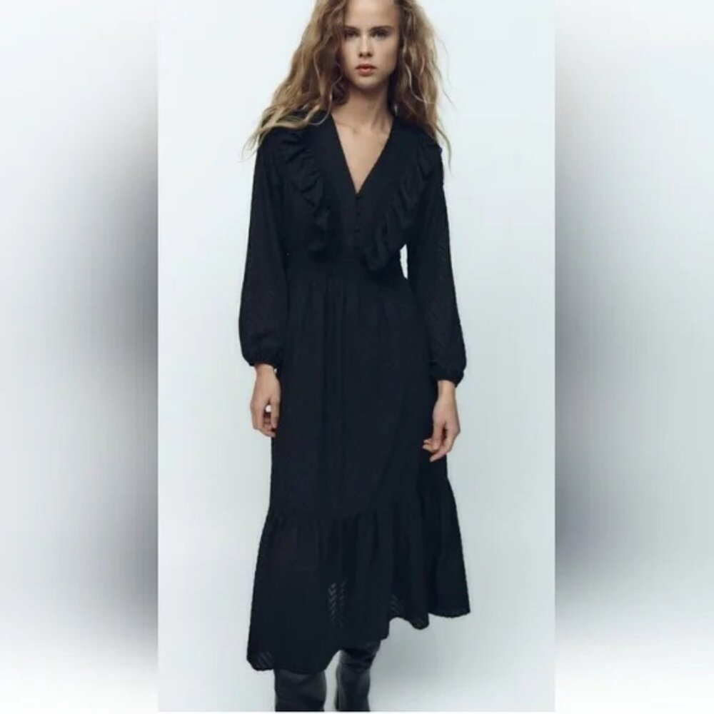 Zara Dotted Mesh Black Maxi Dress with Ruffles